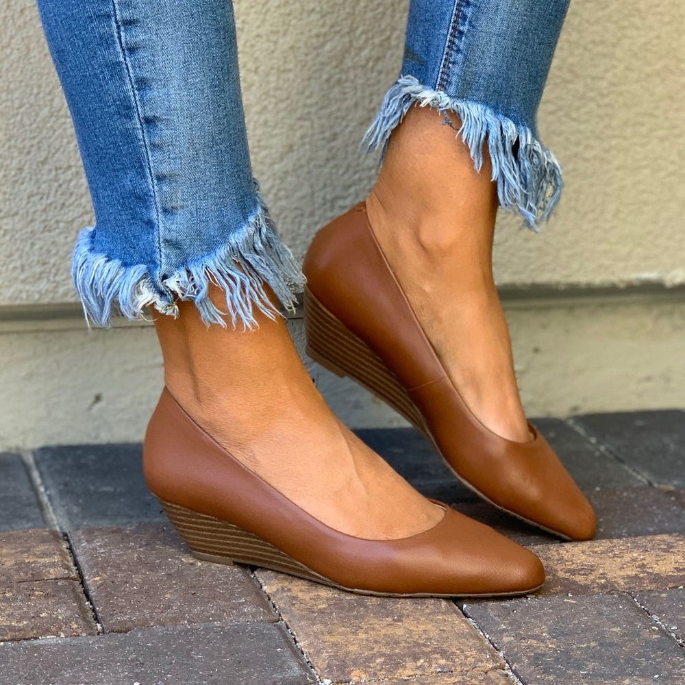 Cognac Genuine Leather Kitten Heel Wedge Pump - Picture 3 of 8